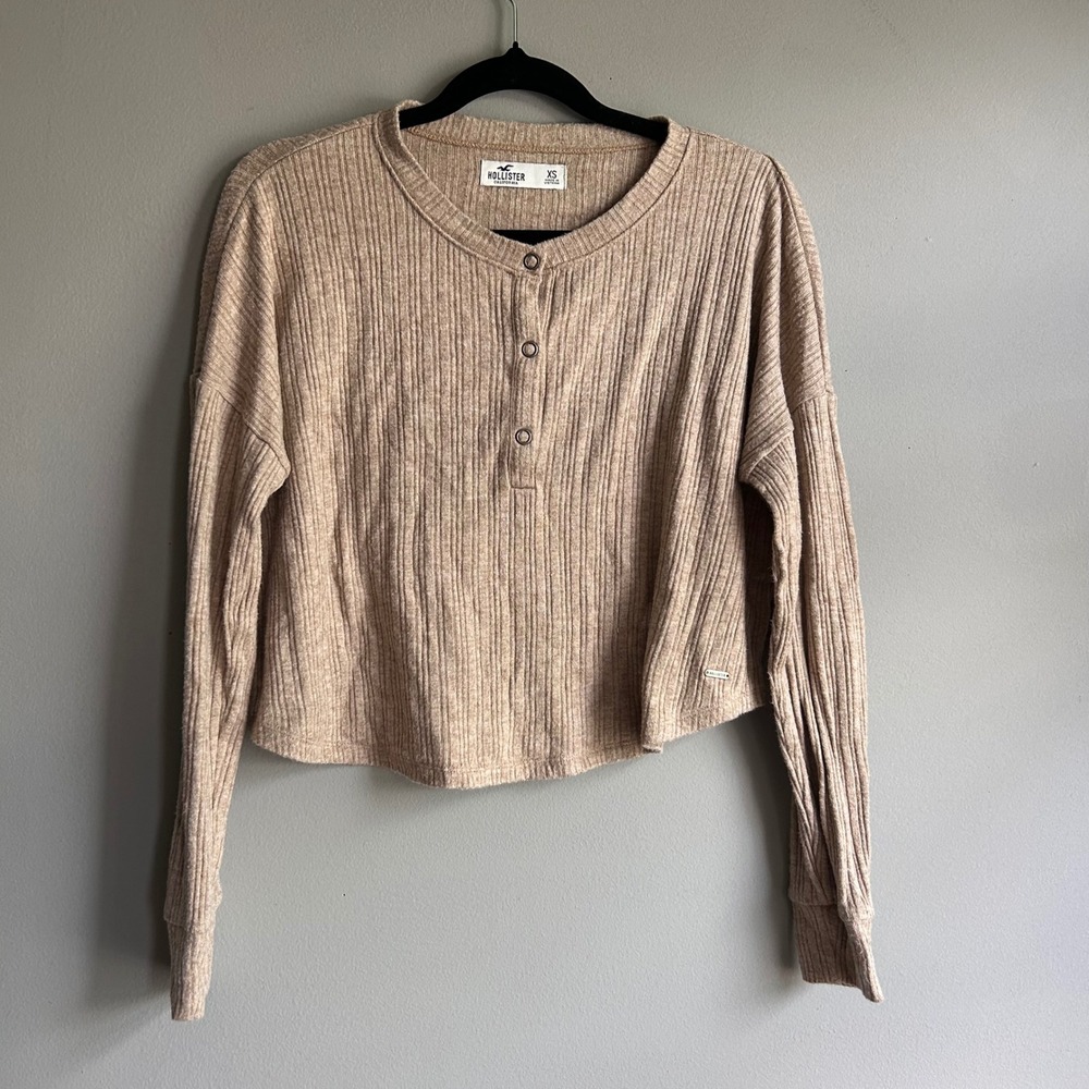 Hollister Womens Tan Ribbed Henley Long Sleeve Cropped Top XS Heathered Brown